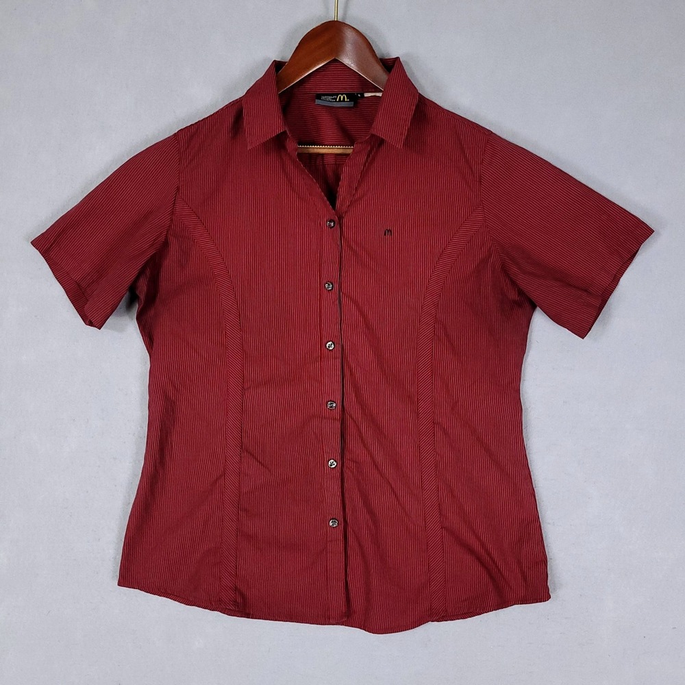 McDonalds Button Down Women L Maroon Striped Slim Fit Short Sleeve Apparel Shirt
